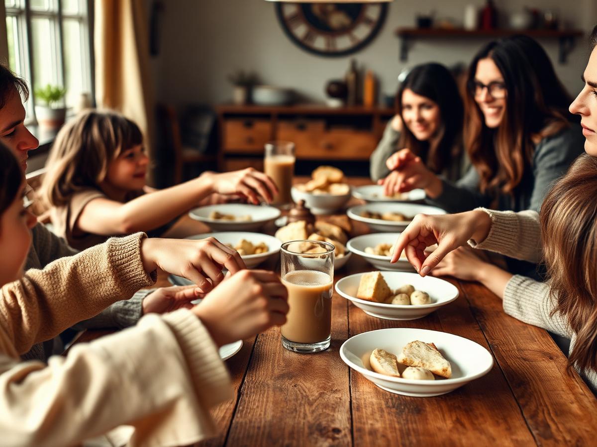 Believers sharing a meal together in a warm home