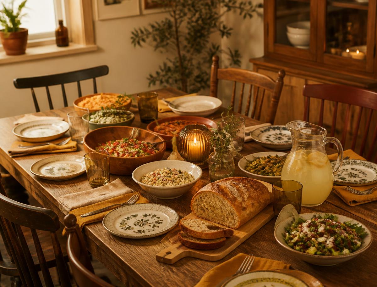 A rustic table set with a shared meal and fresh bread in a warm home