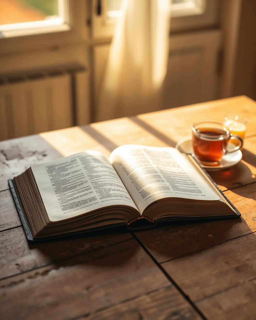 An open Bible on a wooden table in warm morning light